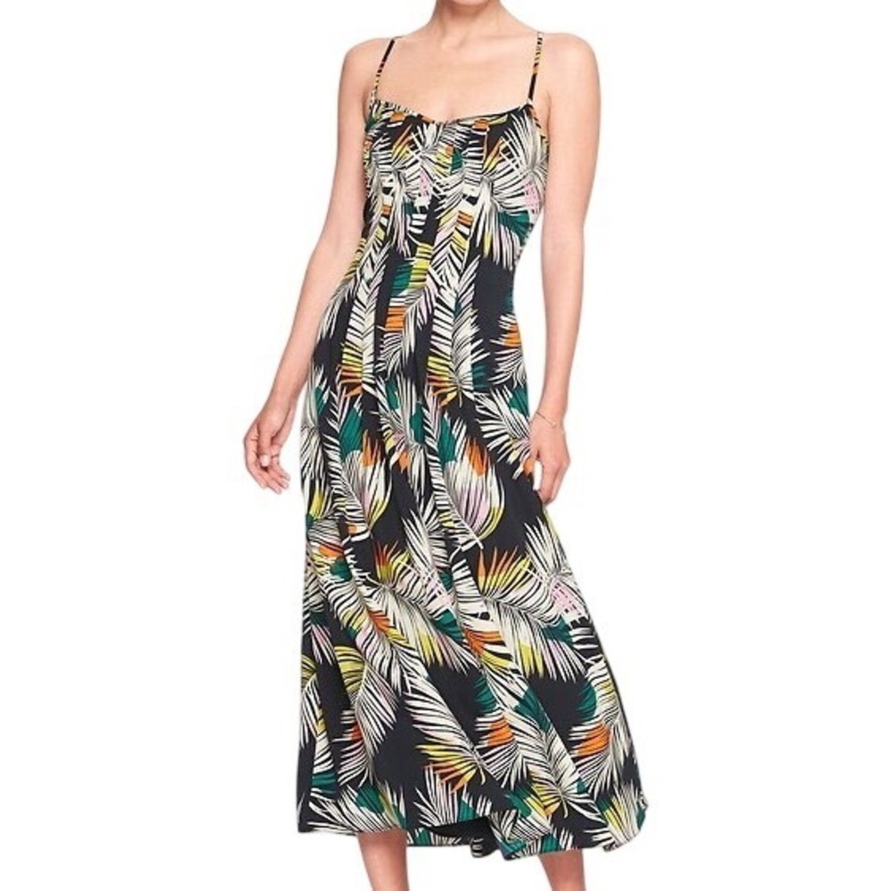 NWT Banana Republic Strappy Pintuck Maxi Dress Tropical Palm Leaf Print‎ Size 0